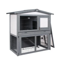 PawHut 2 Tier Wooden Rabbit Hutch Guinea Pig Hutch Small Animal Cage Slide Out Tray Ramp Outdoor Run Openable Roof Grey 101.5 x 90 x 100 cm(m-11)