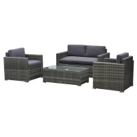 Outsunny Set de mobilier de veranda cu 4 piese, cu 2 scaune, un canapea dubla si o masa de cafea cu blat din sticla, din ratan, Gri(m-1)