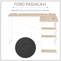 HOMCOM Scrivania Angolare con Scaffale a 3 Mensole e Fori Passacavi, Metallo e MDF 150x120x74cm, Legno e Bianco(m-7)