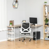 HOMCOM Scrivania Angolare con Scaffale a 3 Mensole e Fori Passacavi, Metallo e MDF 150x120x74cm, Legno e Bianco(m-10)