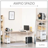 HOMCOM Scrivania Angolare con Scaffale a 3 Mensole e Fori Passacavi, Metallo e MDF 150x120x74cm, Legno e Bianco(m-5)