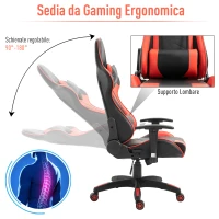 Vinsetto Sedia da Ufficio e da Gaming con Poggiatesta in Pelle PU Ergonomica Regolabile e Inclinabile Schienale Alto Ruote Piroettanti a 360° Max:135kg Rossa e Nera(m-4)