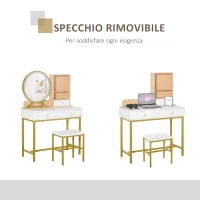 HOMCOM Tavolo per Trucco con Sgabello, Specchio con Luci LED, Scaffale e Cassetti in Legno e Metallo, Bianco e Oro(m-4)