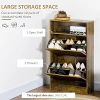 HOMCOM Shoe Cabinet with 2 Flip Doors, Slim 2-Drawer Shoe Cupboard with Adjustable Divider and Open Compartment for 12 Pairs of Shoes, Entryway Storage Unit, Rustic Brown(m-4)