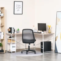 HOMCOM Scrivania Angolare con Scaffale a 3 Mensole e Fori Passacavi, Metallo e MDF 150x120x74cm, Legno e Bianco(m-2)