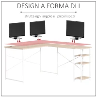 HOMCOM Scrivania Angolare con Scaffale a 3 Mensole e Fori Passacavi, Metallo e MDF 150x120x74cm, Legno e Bianco(m-6)