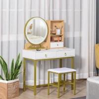HOMCOM Tavolo per Trucco con Sgabello, Specchio con Luci LED, Scaffale e Cassetti in Legno e Metallo, Bianco e Oro(m-10)