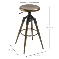 HOMCOM Sgabello da Bar Stile Industriale Alto per Cucina, Seduta Girevole con Altezza Regolabile e Poggiapiedi in Metallo, Bronzo, 45x45x74-82cm(m-3)