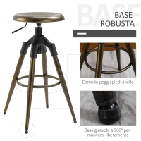 HOMCOM Sgabello da Bar Stile Industriale Alto per Cucina, Seduta Girevole con Altezza Regolabile e Poggiapiedi in Metallo, Bronzo, 45x45x74-82cm(m-5)