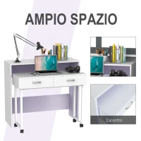 HOMCOM Scrivania Tavolo Porta PC con due Ripiani con Ruote in Legno MDF 100 x 36 x 88cm Bianco(m-5)