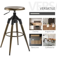 HOMCOM Sgabello da Bar Stile Industriale Alto per Cucina, Seduta Girevole con Altezza Regolabile e Poggiapiedi in Metallo, Bronzo, 45x45x74-82cm(m-7)