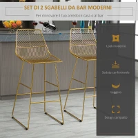 HOMCOM Set di 2 Sgabelli da Bar Alti con Schienale e Poggiapiedi, Sgabelli Cucina Moderni Struttura in Metallo Oro per Salotto, 53x56x110cm(m-4)