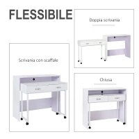 HOMCOM Scrivania Tavolo Porta PC con due Ripiani con Ruote in Legno MDF 100 x 36 x 88cm Bianco(m-4)