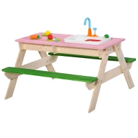 Outsunny Juego de Mesa y 2 Bancos para Niños Mesa de Picnic Infantil de Madera con Arenero o Piscina Fregadero y 14 Juguetes de Cocina para Jardín Exterior 94x89x50,5 cm Multicolor(m-10)