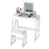 HOMCOM Dressing Table Set with Flip Top Mirror and Cushioned Stool, Makeup Vanity Table Writing Desk with Storage Grids for Bedroom, White(m-2)