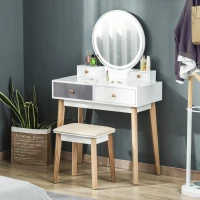 HOMCOM Dressing Table Set with Mirror, Built-in 3 Color LED Light, Vanity Makeup Table with 4 Drawers and Cushioned Stool for Bedroom, Grey(m-1)