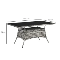 Stół Ogrodowy Outsunny z Szklanym Blatem, Meble Ogrodowe, Poli-rattan+Szkło Bezpieczne, Szary+Czarny, 150x85x74 cm(m-3)