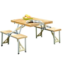 Outsunny Cunninghamia Board Portable Picnic Table Bench Set Natural Wood Color(m-2)