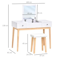 HOMCOM Dressing Table Set with Flip Top Mirror and Cushioned Stool, Makeup Vanity Dressing Table Dresser Desk with 2 Drawers and Storage Grids for Bedroom, White(m-3)
