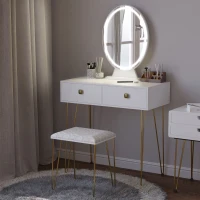 HOMCOM Dressing Table Set with LED Light, Round Mirror, Vanity Makeup Table with 2 Drawers and Cushioned Stool for Bedroom, White(m-2)
