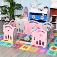 HOMCOM Schutzgitter Baby Laufgitter 12 Elemente Absperrgitter Korb 3 Zahnräder HDPE Rosa 162 x 84 x 63 cm(m-10)