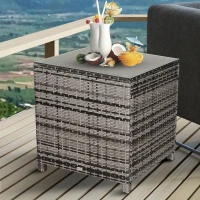 Outsunny Square PE Rattan Garden Table, with Glass Table Top - Grey(m-1)