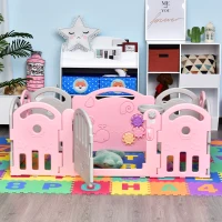 HOMCOM Schutzgitter Baby Laufgitter 12 Elemente Absperrgitter Korb 3 Zahnräder HDPE Rosa 162 x 84 x 63 cm(m-2)