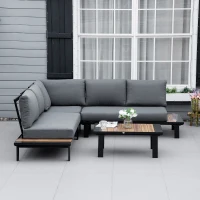 Outsunny 4 Pieces Aluminium Garden Furniture Sets with Thick Padded Cushion, 5 Seater Outdoor L Shape Corner Sofa Conversation Set, w/ Coffee Table and Sofa Side Table for Patio, Deck, Dark Grey(m-2)
