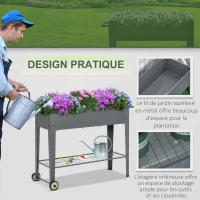 Outsunny Jardinière sur Pieds Potager dim. 109L x 39l x 80H cm étagère 2 Roues + Insert d'irrigation métal Gris(m-5)