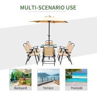 Outsunny 8 Pieces Dining Set Furniture Foldable Chair Umbrella Table Beige Garden(m-5)