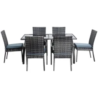 Outsunny 6 Seater Rattan Dining Set with Cushions, Rattan Garden Furniture Set, Outdoor Dining Table and Chairs with 6 Stackable Armchairs, Rectangular Glass Top Table for Patio, Balcony, Grey(m-11)