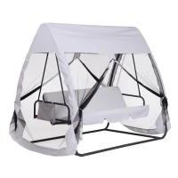 Outsunny Balancelle de Jardin Convertible 3 Places Grand Confort : Matelas Assise Dossier, moustiquaire intégrale zippée avec Toit, Pochette Rangement métal époxy Polyester Blanc(m-1)