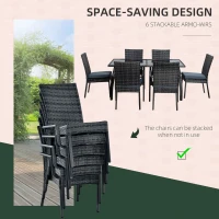 Outsunny 6 Seater Rattan Dining Set with Cushions, Rattan Garden Furniture Set, Outdoor Dining Table and Chairs with 6 Stackable Armchairs, Rectangular Glass Top Table for Patio, Balcony, Grey(m-5)