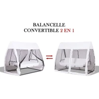Outsunny Balancelle de Jardin Convertible 3 Places Grand Confort : Matelas Assise Dossier, moustiquaire intégrale zippée avec Toit, Pochette Rangement métal époxy Polyester Blanc(m-5)