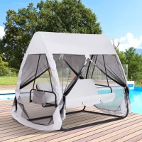 Outsunny Balancelle de Jardin Convertible 3 Places Grand Confort : Matelas Assise Dossier, moustiquaire intégrale zippée avec Toit, Pochette Rangement métal époxy Polyester Blanc(m-2)