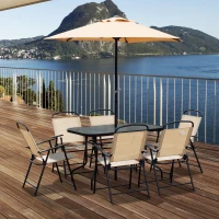 Outsunny 8 Pieces Dining Set Furniture Foldable Chair Umbrella Table Beige Garden(m-2)