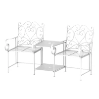 Outsunny Metal Bench With Table, 160Lx61Wx96H cm-White(m-2)