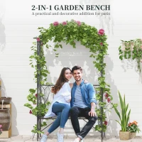Outsunny Garden Metal Frame Bench W/Arch for Various Climbing Plant, 115Lx50Wx203H cm-Black(m-4)