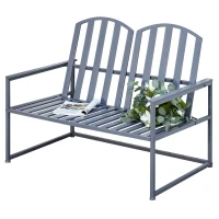 Outsunny Steel Patio Garden Bench Loveseats for Outdoors Park Yard Slatted Design Grey(m-1)