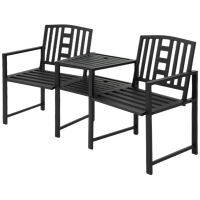 Outsunny 2 Seat Garden Chair Bench Loveseats Jack and Jill Seat w/Coffee Table Slatted Design Patio Yard