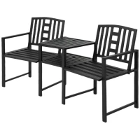 Outsunny 2 Seat Garden Chair Bench Loveseats Jack and Jill Seat w/Coffee Table Slatted Design Patio Yard(m-1)