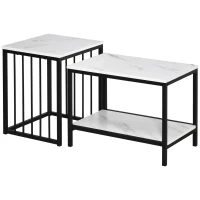 HOMCOM Modern Coffee Table Set of Two, Marble-Effect Nesting Side Tables with Steel Frame for Living Room, White, Black(m-11)