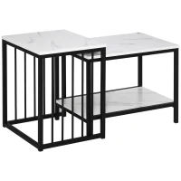HOMCOM Modern Coffee Table Set of Two, Marble-Effect Nesting Side Tables with Steel Frame for Living Room, White, Black(m-1)