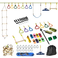 Outsunny Kids Obstacle Course, 42.6 FT Children Slackline Training Equipment, with Monkey Bars, Rope Ladder, Swing, Gym Rings, Tree Protector, Carry Bag(m-1)