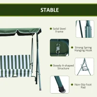 Outsunny 3 Seater Canopy Swing Chair Heavy Duty Outdoor Garden Bench with Sun Cover Metal Frame - Green(m-5)