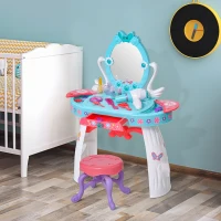 HOMCOM Kids Pretend Vanity Table Stool Beauty Pretend Princess Dressing Table Play Set with Mirror Lights Music & Makeup Accessories for Girls 3 Years Old Blue(m-10)
