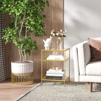 HOMCOM Beistelltisch mit 3 Glasböden Couchtisch Nachttisch mit 3 Regalen mit Stahlrahmen Indoor Outdoor  Glas Gold 40 x 40 x 60 cm(m-2)