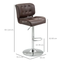 HOMCOM Set Of 2 PU Leather Tufted Bar Stools Chairs Dining Seats Adjustable Height Swivel w/ Footrest for Kitchen Counter Home Bar Brown(m-3)