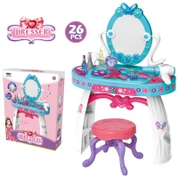 HOMCOM Kids Pretend Vanity Table Stool Beauty Pretend Princess Dressing Table Play Set with Mirror Lights Music & Makeup Accessories for Girls 3 Years Old Blue(m-5)