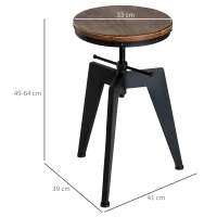 HOMCOM Vintage Industrial Bar Stool Height Adjustable Swivel Kitchen Dining Stool Chair Round Natural Pinewood Seat Metal Leg (Type D)(m-3)